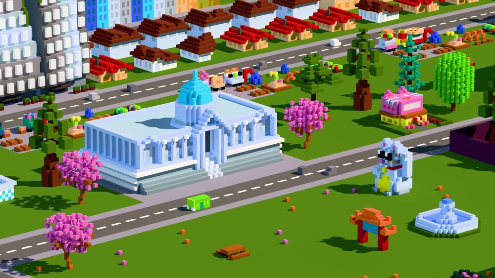 Microlandia key art: a voxel city hall on a boulevard, with cherry trees, a giant cat statue, and apartment blocks behind it.