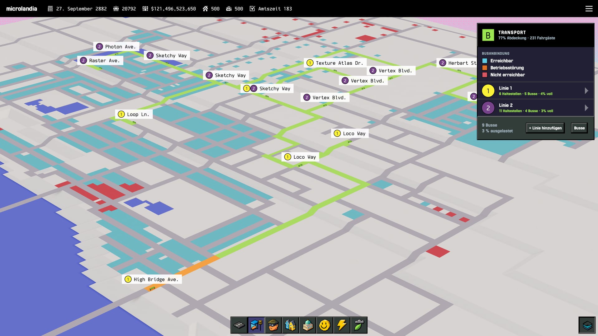 The transport map: two bus lines, their stops and network coverage