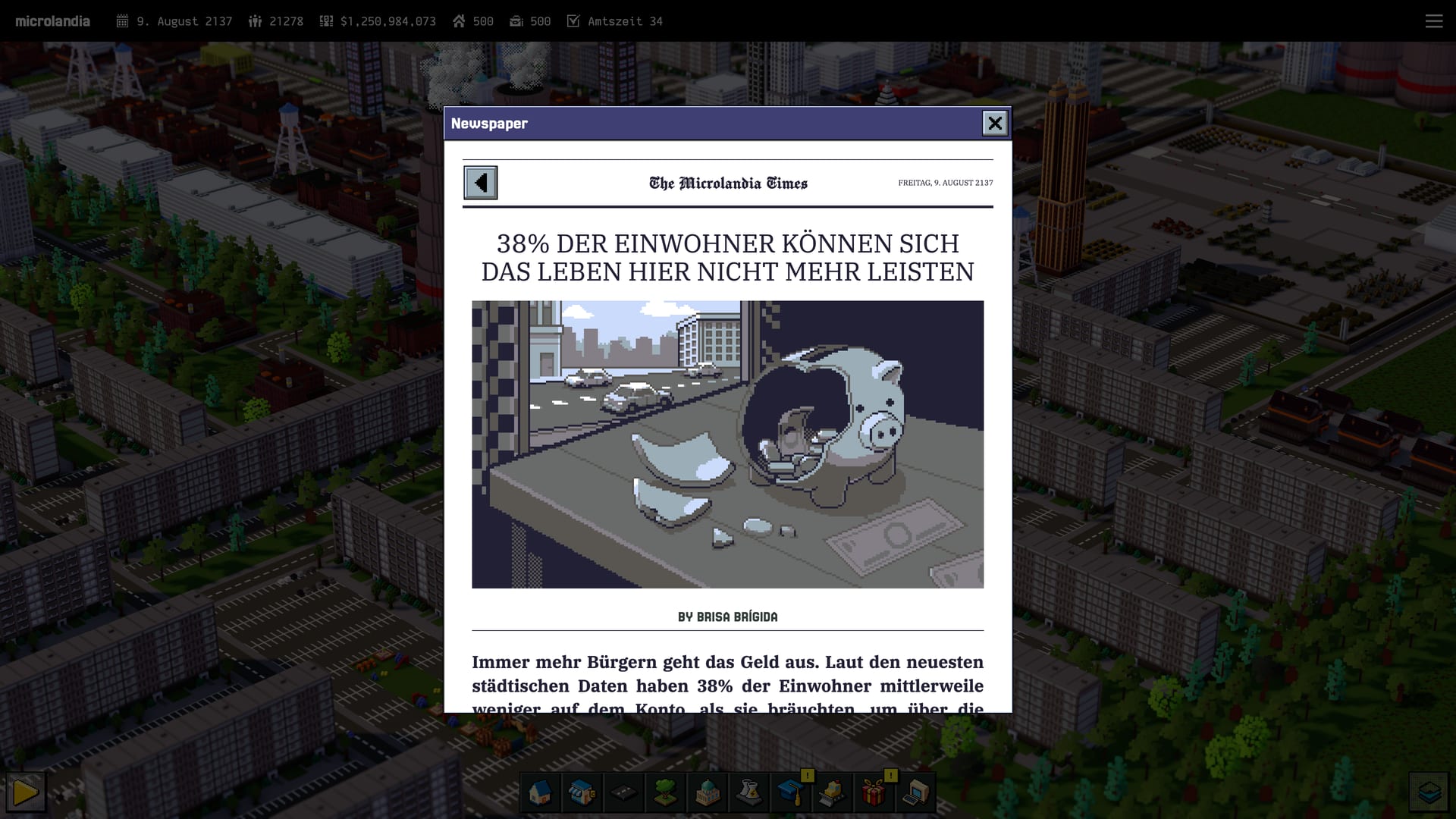 The Microlandia Times reporting the cost-of-living crisis over a dense downtown