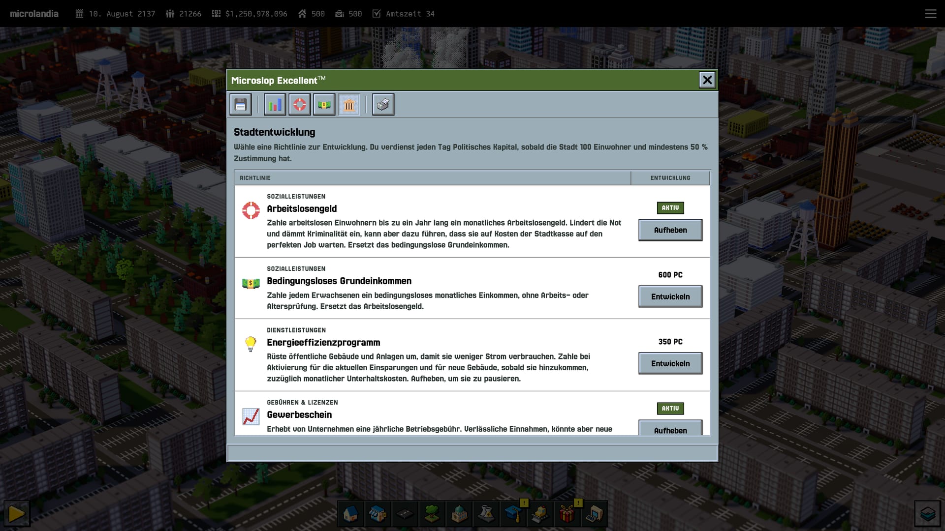 The civic development tab of the fiscal policies window