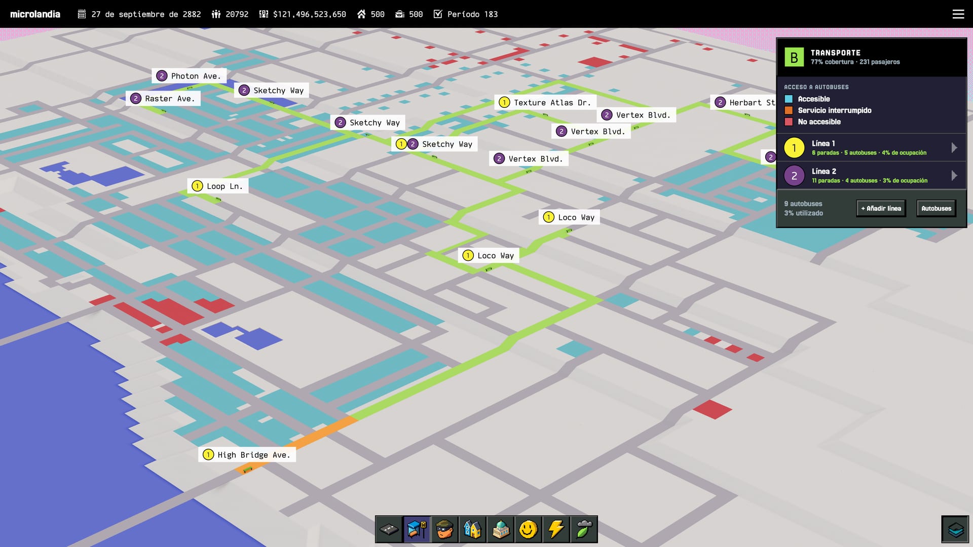 The transport map: two bus lines, their stops and network coverage