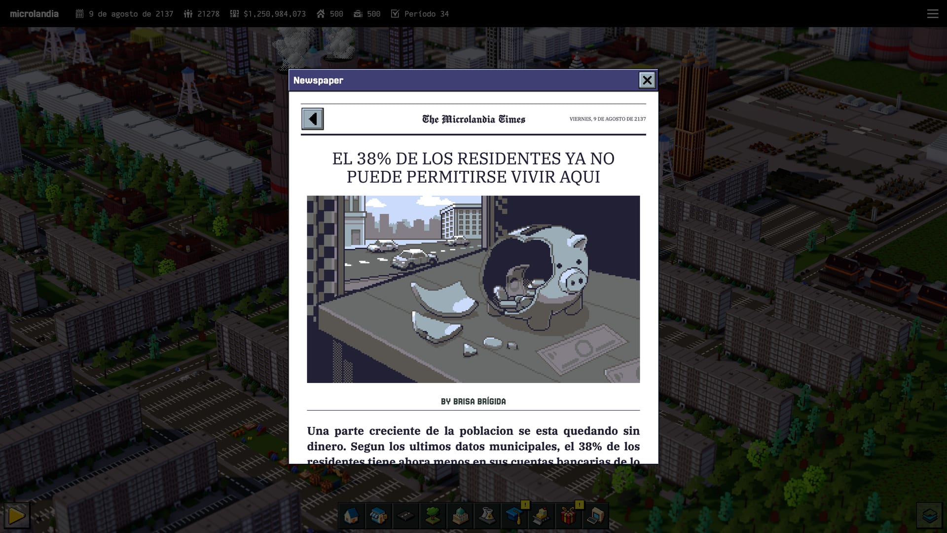 The Microlandia Times reporting the cost-of-living crisis over a dense downtown