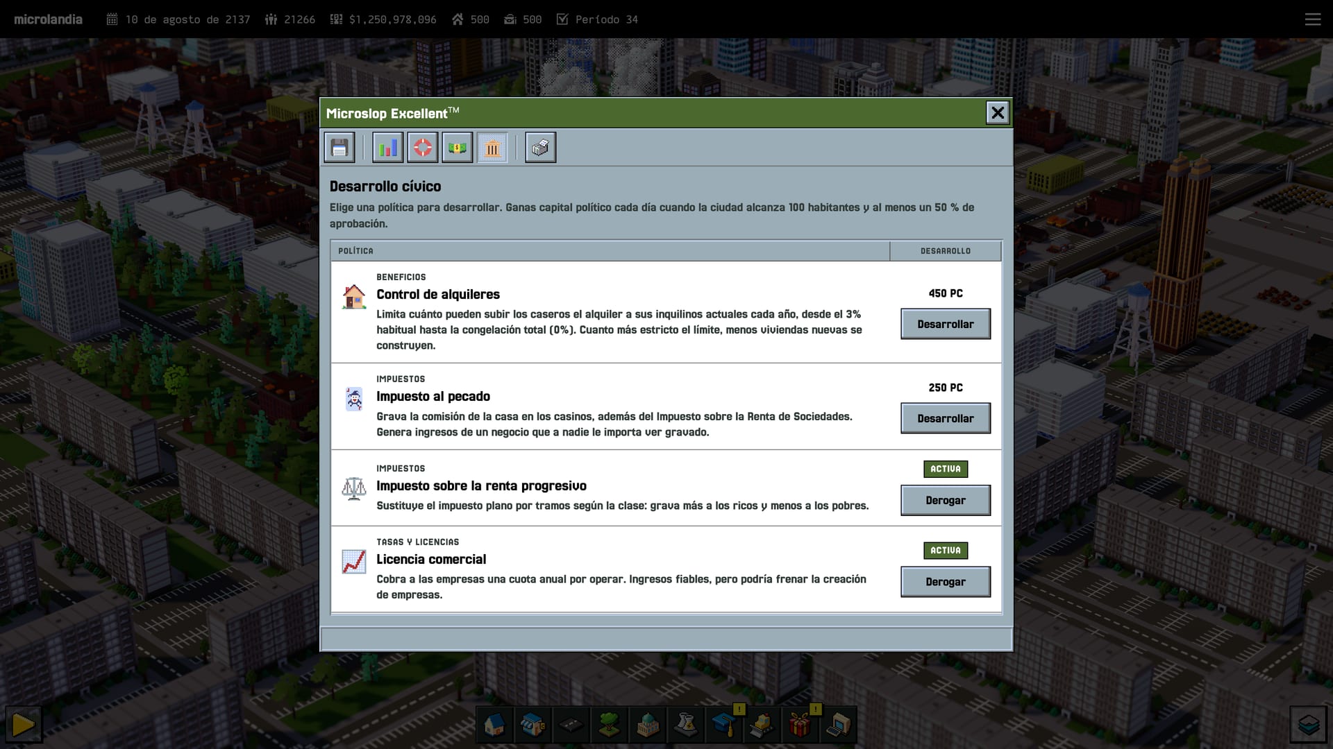 The civic development tab of the fiscal policies window
